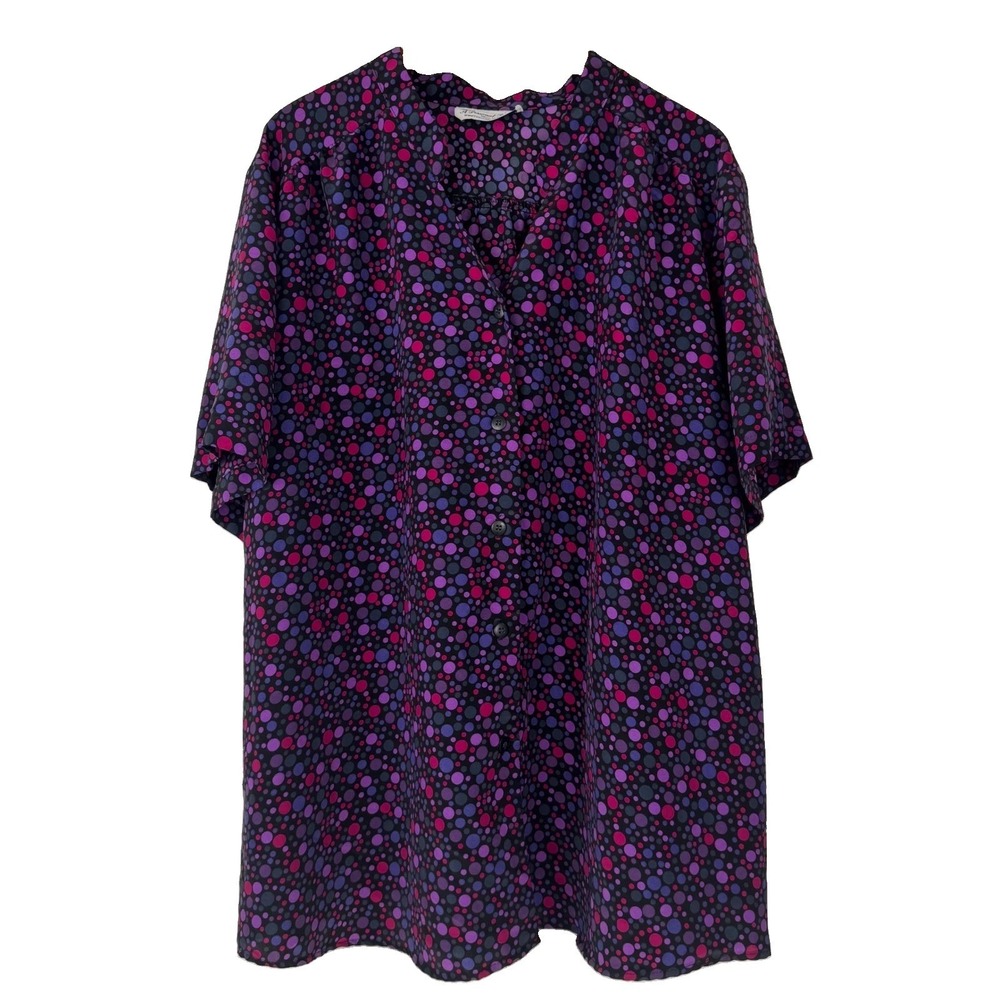 A Personal Touch Blouse Women 5X Purple Polka Dot Button Front Short Sleeve Top